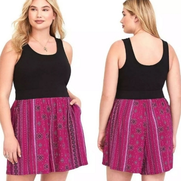 Torid Black Pink Knit Challis geo print tank Romper 2X - Picture 1 of 8